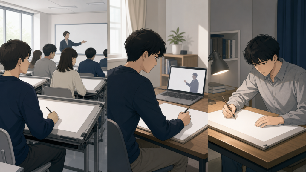 対面授業・映像講義・独学という製図試験の3つの学習スタイルの比較イメージ
