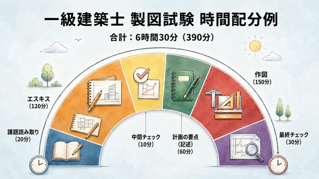 一級建築士 製図試験の時間配分例(課題読み取り20分・エスキス120分・記述60分・作図150分・チェック40分)