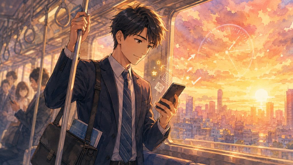 通勤電車の中でスマートフォンを使い隙間時間に勉強する会社員