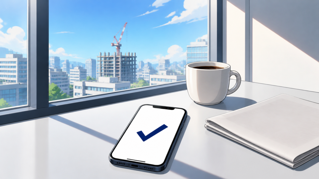 朝のテーブルに置かれた申し込み完了後のスマートフォン
