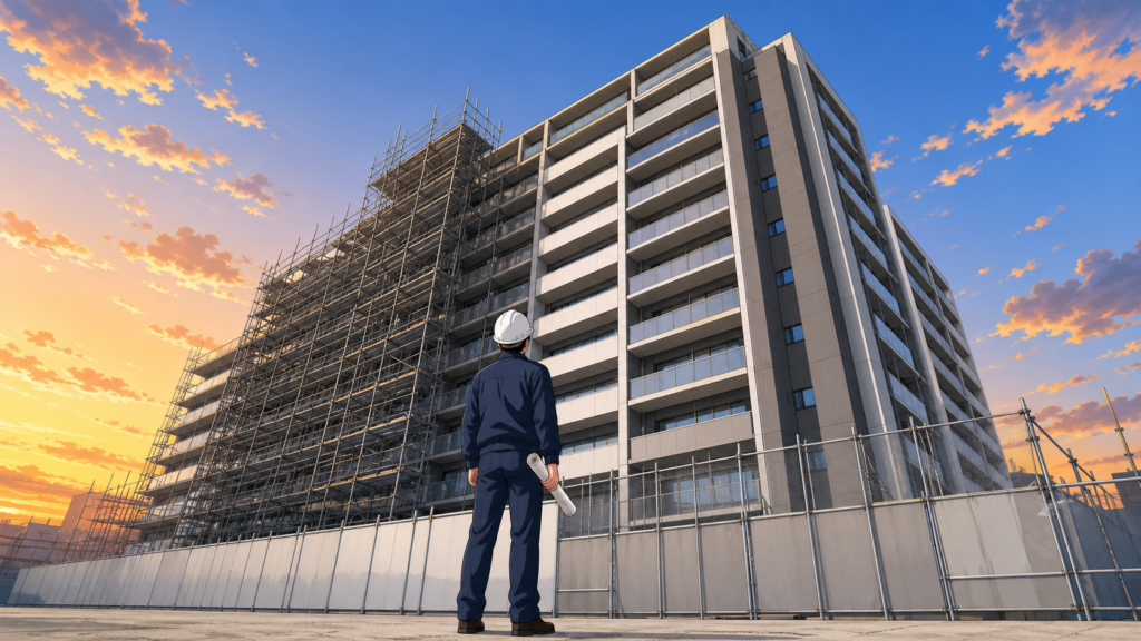 夕方の現場で完成間近の建物を見上げる施工管理者