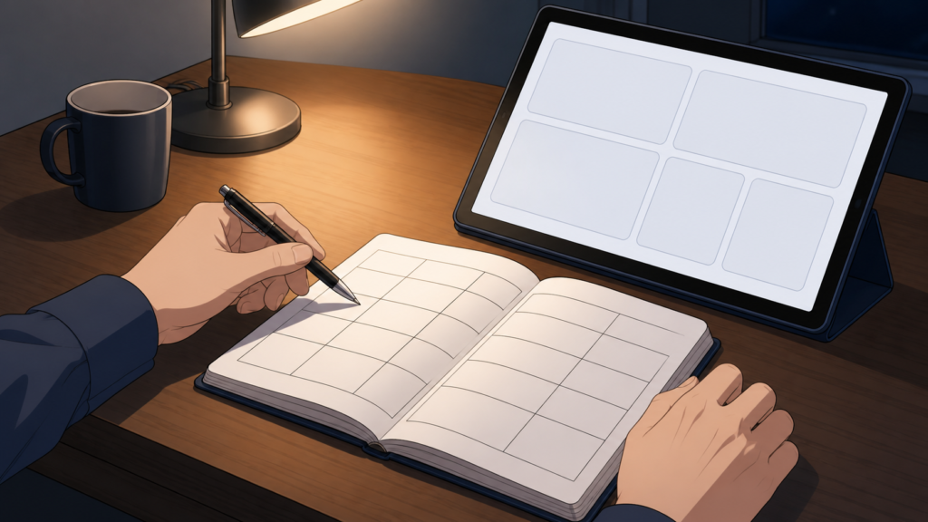 公式サイトの数字をノートに書き出して確かめる手元