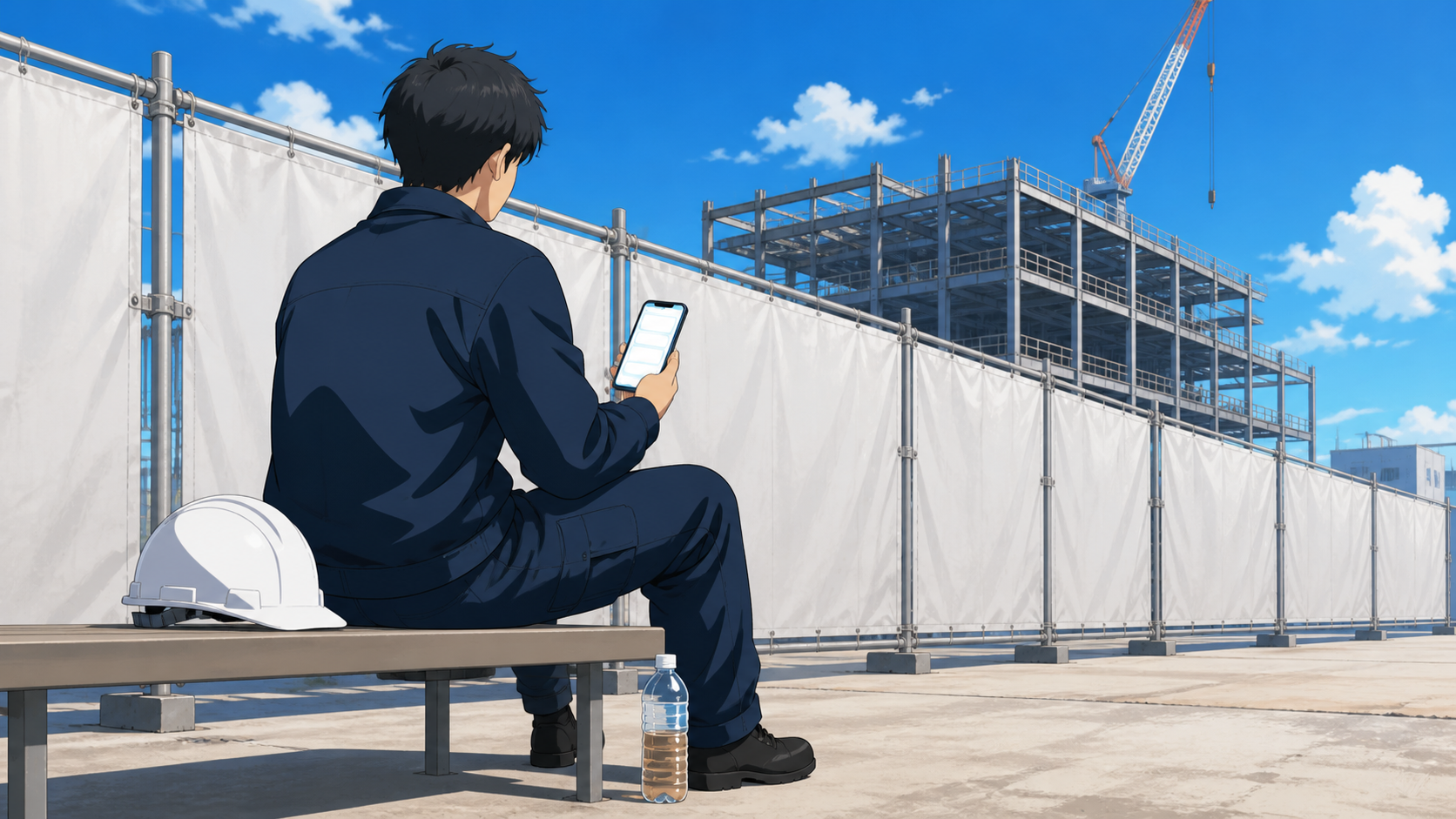 昼休みの建設現場でスマートフォンを見る施工管理者