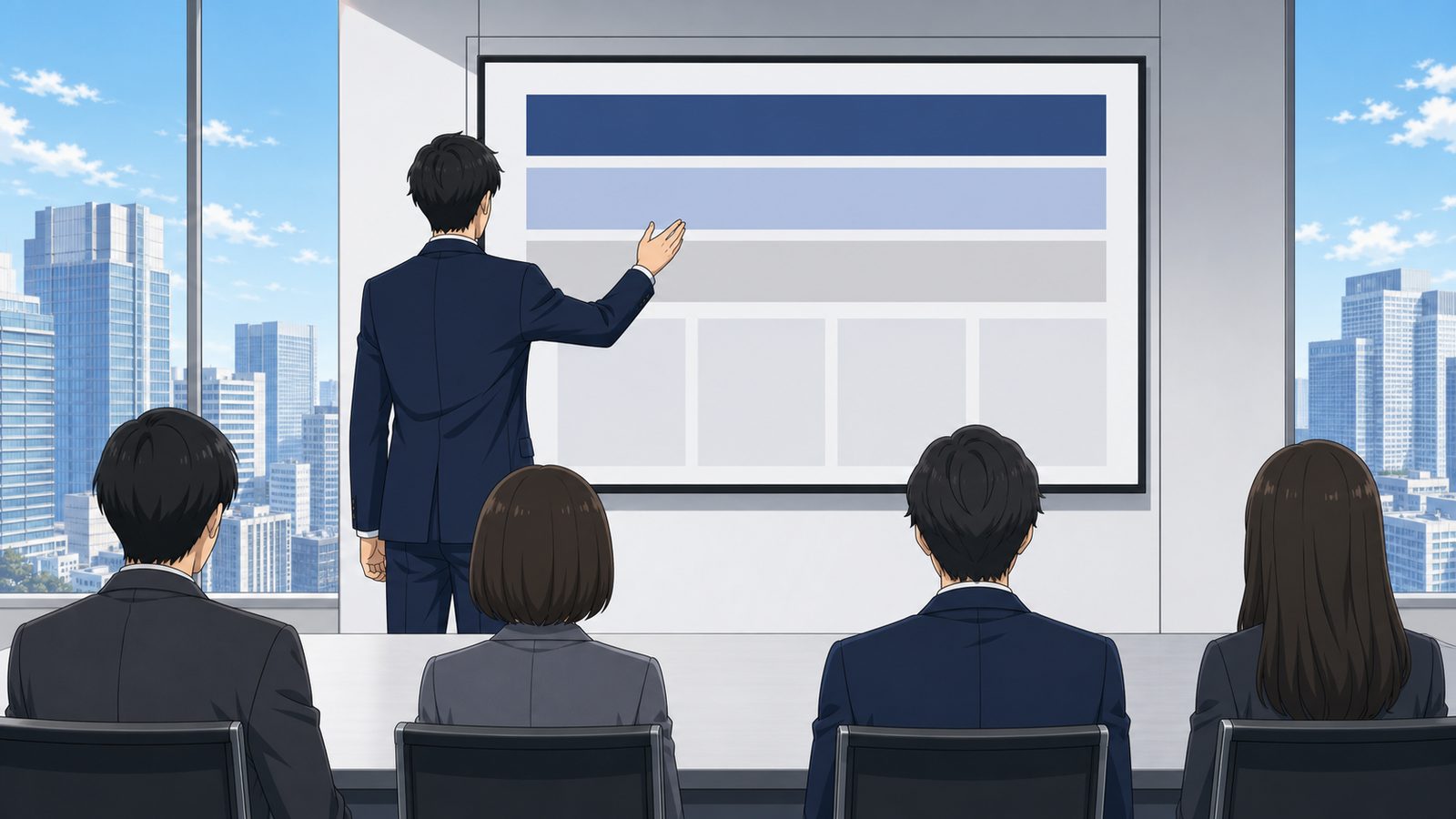 高層階の会議室でモニターを示しながら説明する管理職