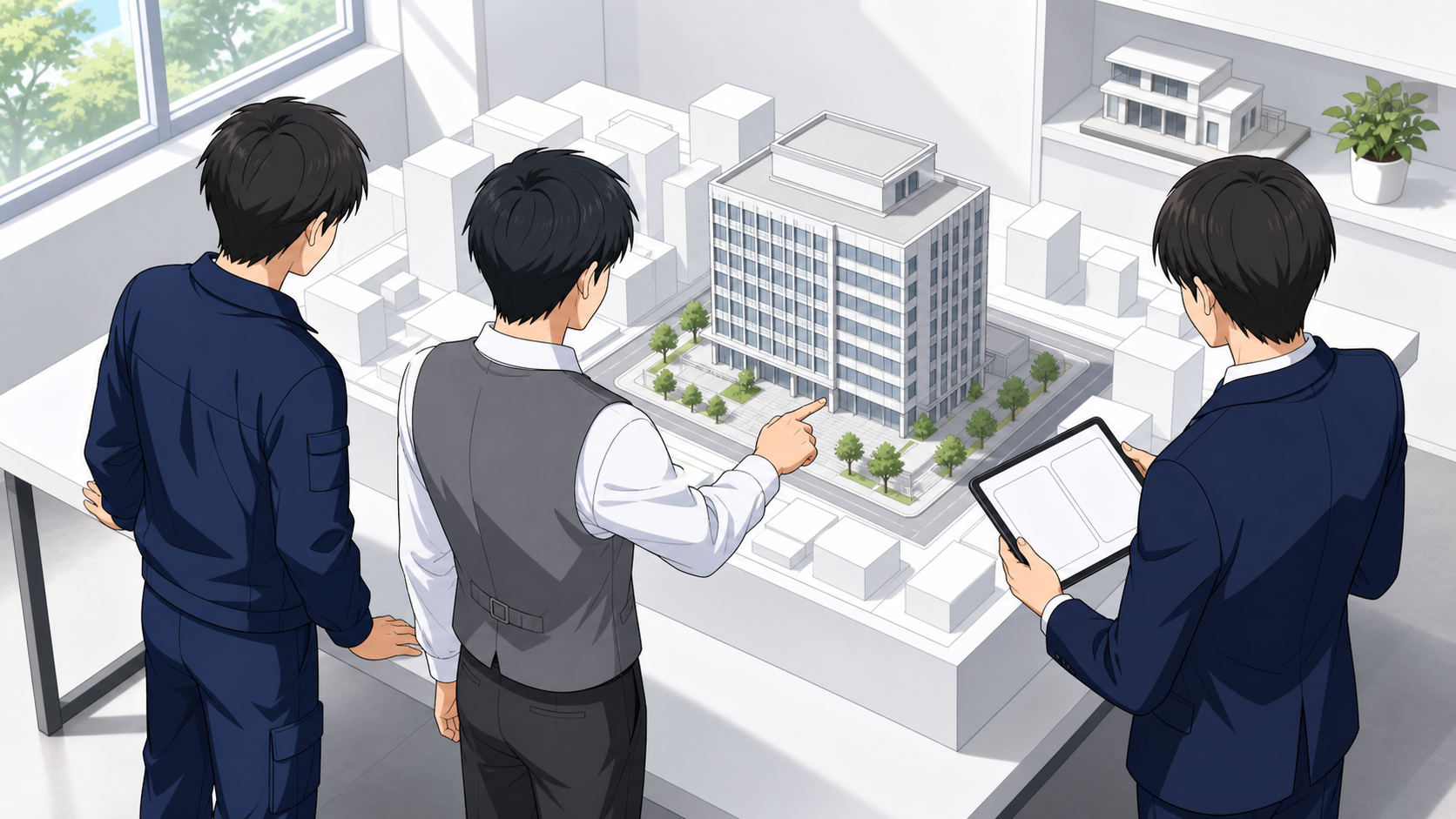 建築模型を囲む施工・設計・発注側の3つの立場の技術者