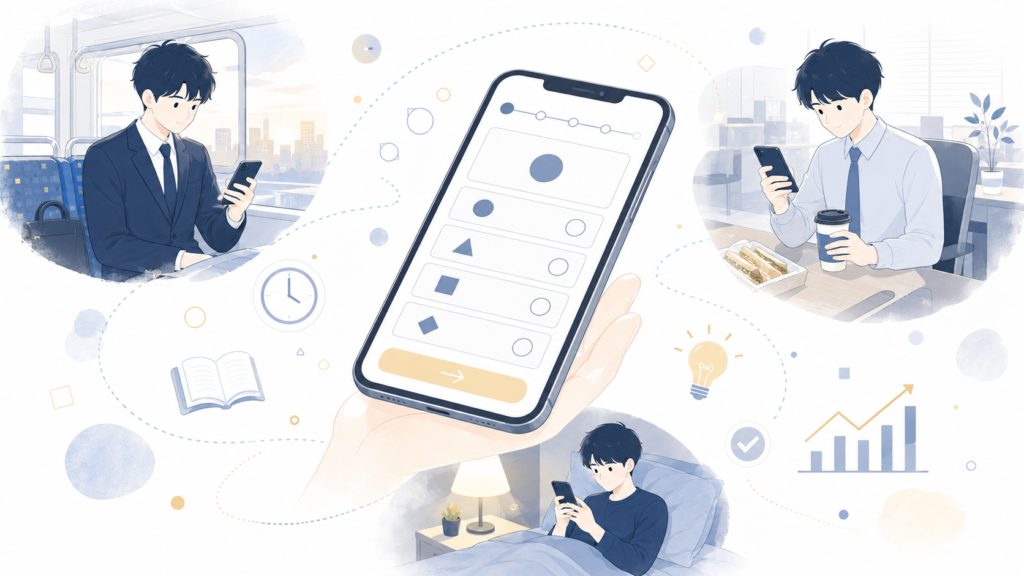 通勤中や就寝前にスマートフォンのアプリで過去問を解く場面