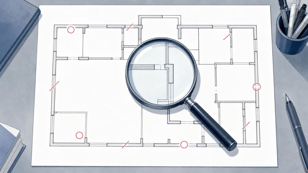 建築平面図の見落としやすい箇所を虫眼鏡で点検するイメージ。製図試験の重大な不適合チェック