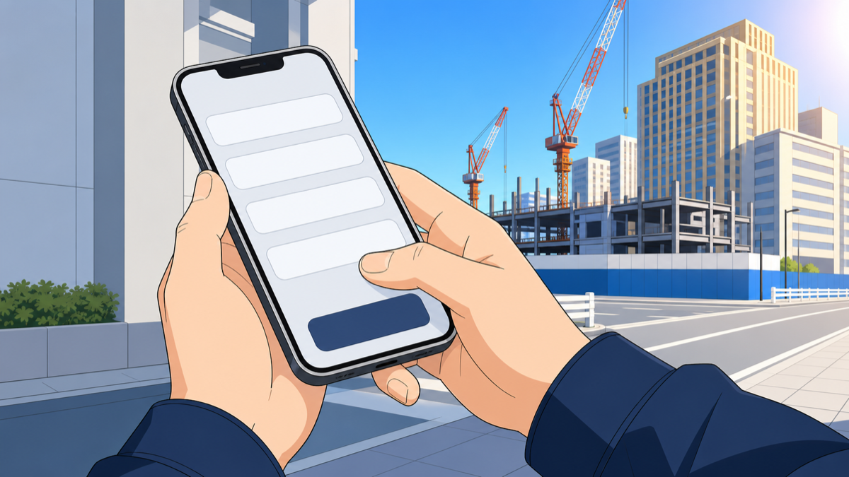 通勤中にスマートフォンで転職サービスに登録する建設業界の技術者