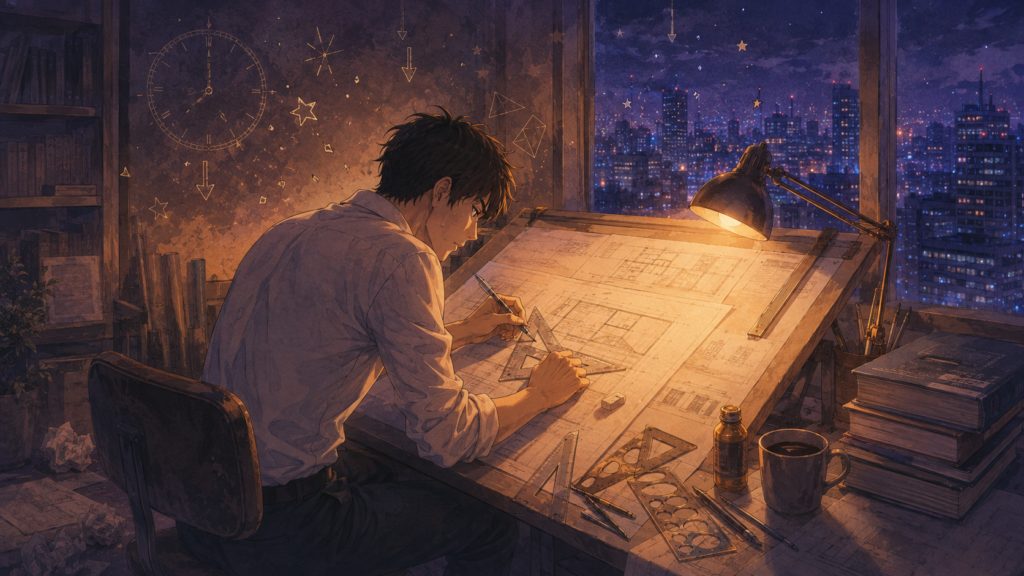 夜の自室で製図板に向かって図面を描く受験生の後ろ姿