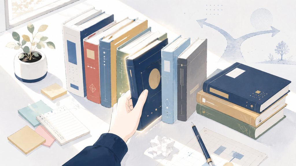 並んだ参考書の中から一冊の教材を選び取る手元