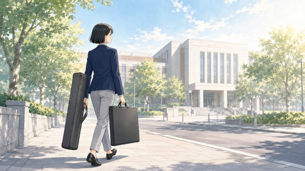 製図板の専用ケースとカバンを持って試験会場へ向かう受験者の後ろ姿