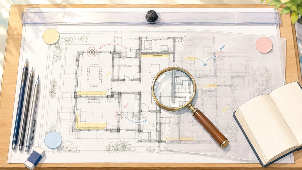 描き上げた図面をトレーシングペーパーと虫眼鏡で見直し、修正箇所に印を付けているところ