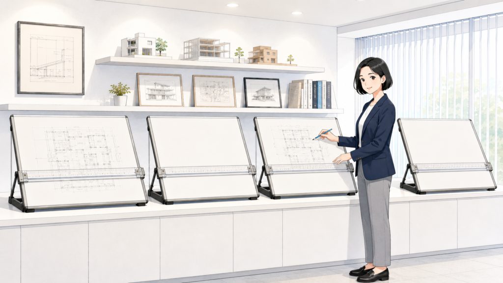 並べて比較された4台の平行定規（製図板）と、そのうち1台で図面を描く受験者