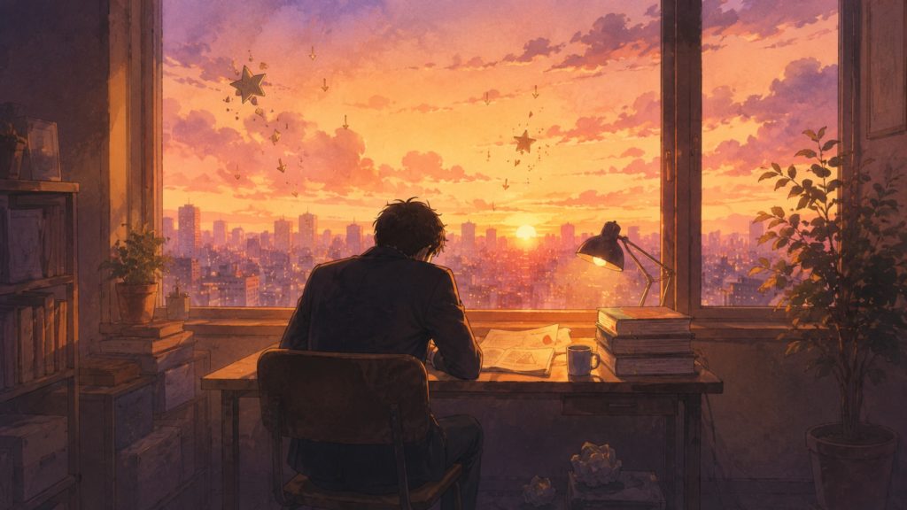 夕暮れの自室で机に向かい学科試験の勉強をする受験生の後ろ姿