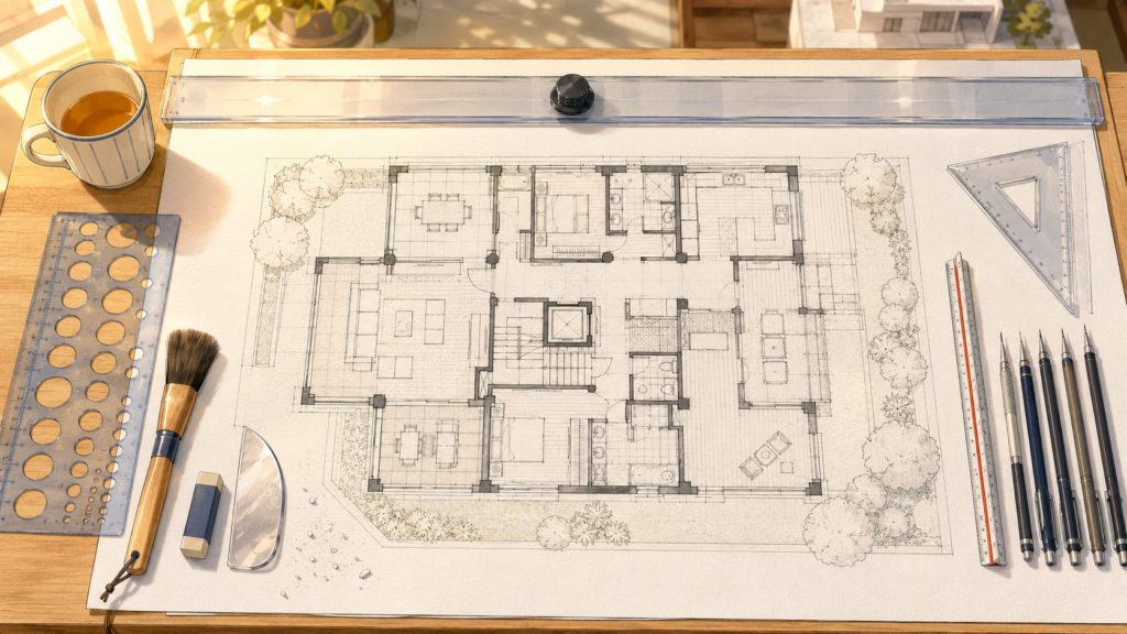 製図板の上で描き上がった一級建築士製図試験の平面図と製図道具一式