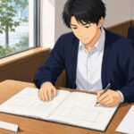 カフェの窓際で、開いた見開きのノートにシャープペンシルで図を描く男性。テーブルには三角スケールとコーヒーが置かれている