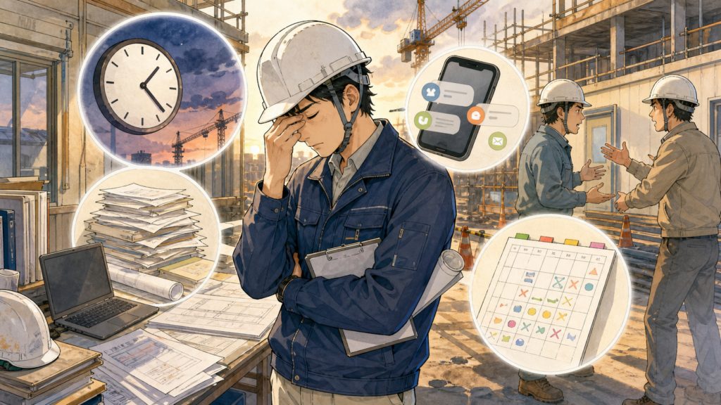 書類の山と長時間労働に囲まれて疲弊する現場監督のイメージ