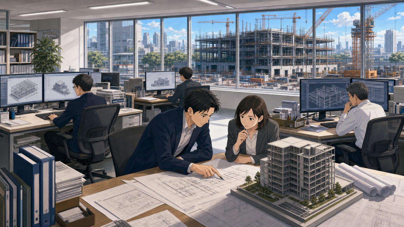 建設現場を技術面から支援するゼネコン内勤部署のオフィス風景