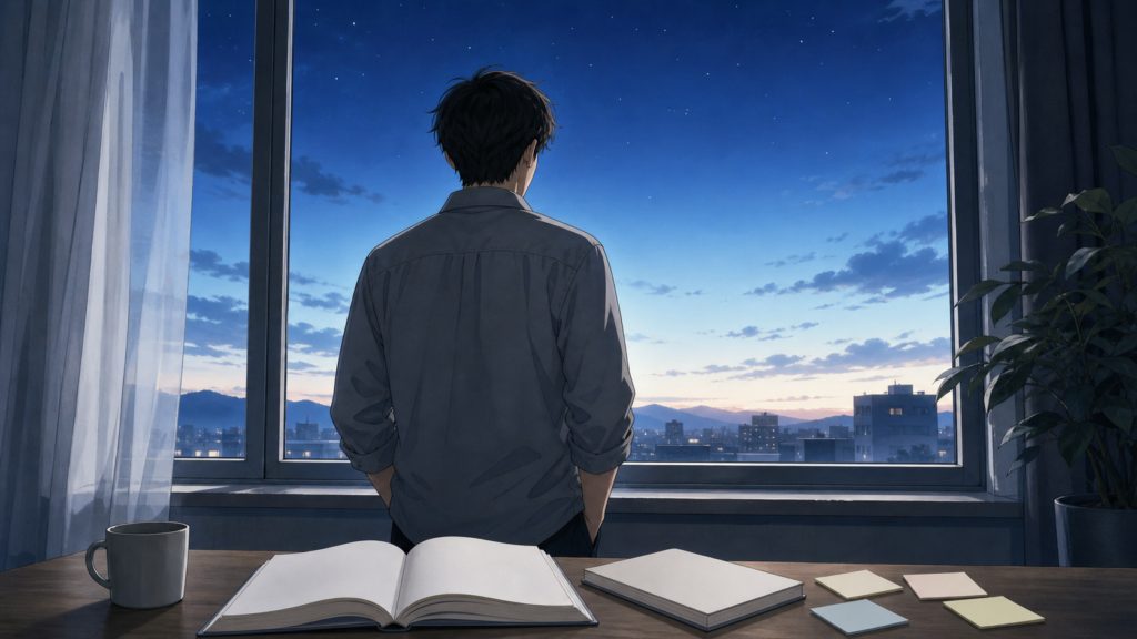 自己採点を終えて夜の窓辺に立ち、次の一歩を考える受験生
