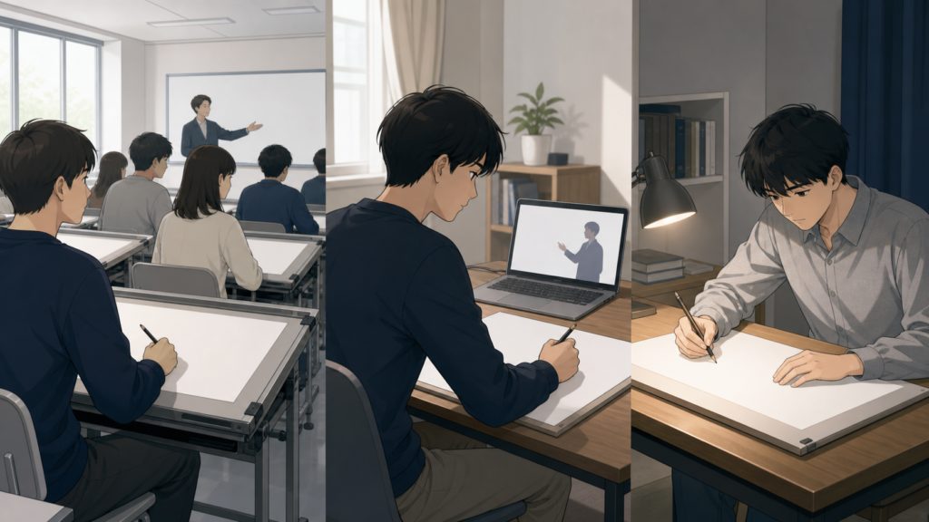対面授業・映像講義・独学という製図試験の3つの学習スタイルの比較イメージ