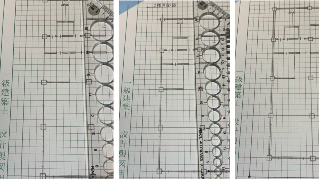 サッシ芯を先に引いてから壁を描く手順を3段階で並べた平面図