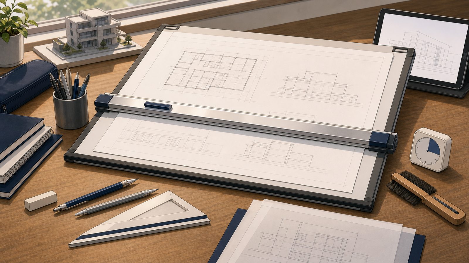 A2製図板と平行定規など一級建築士製図試験の道具を並べたイラスト