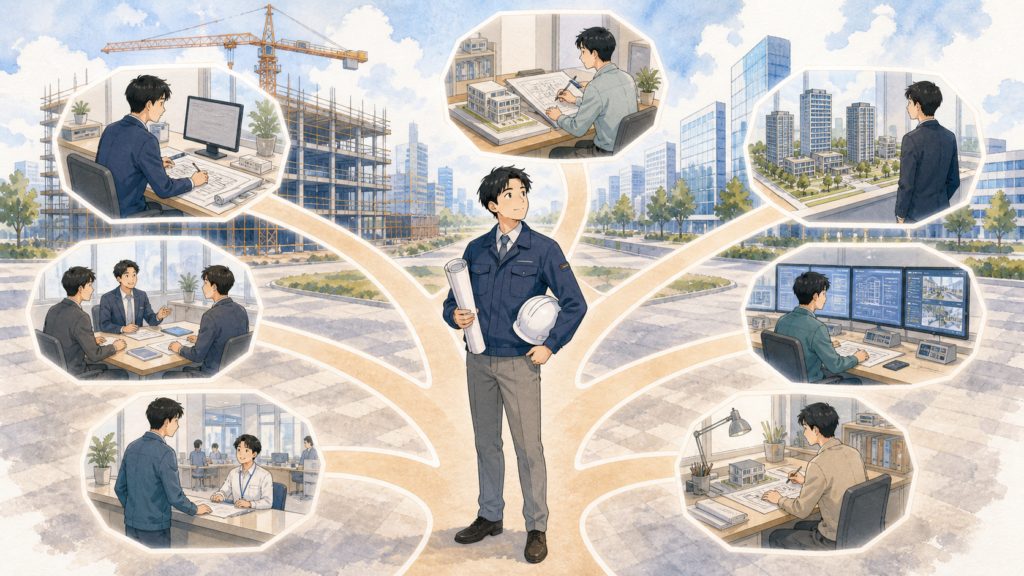 一級建築士と施工管理経験から広がる7つのキャリアパスのイメージ
