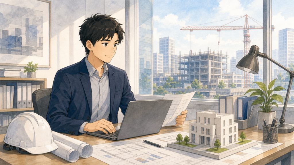 ゼネコンの内勤職としてオフィスで図面とノートパソコンに向かう社員