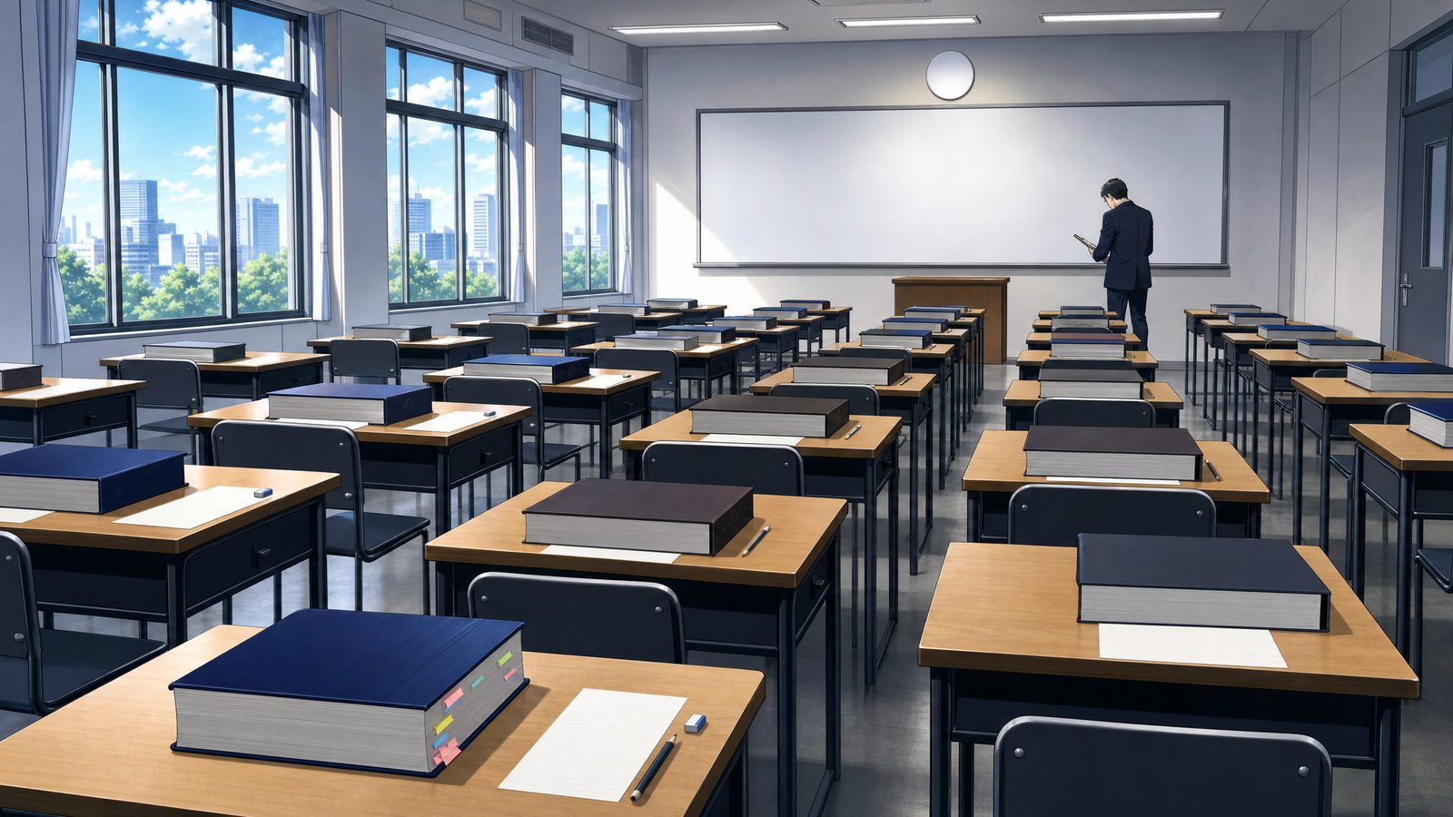 法令集が置かれた一級建築士学科試験の模擬試験会場