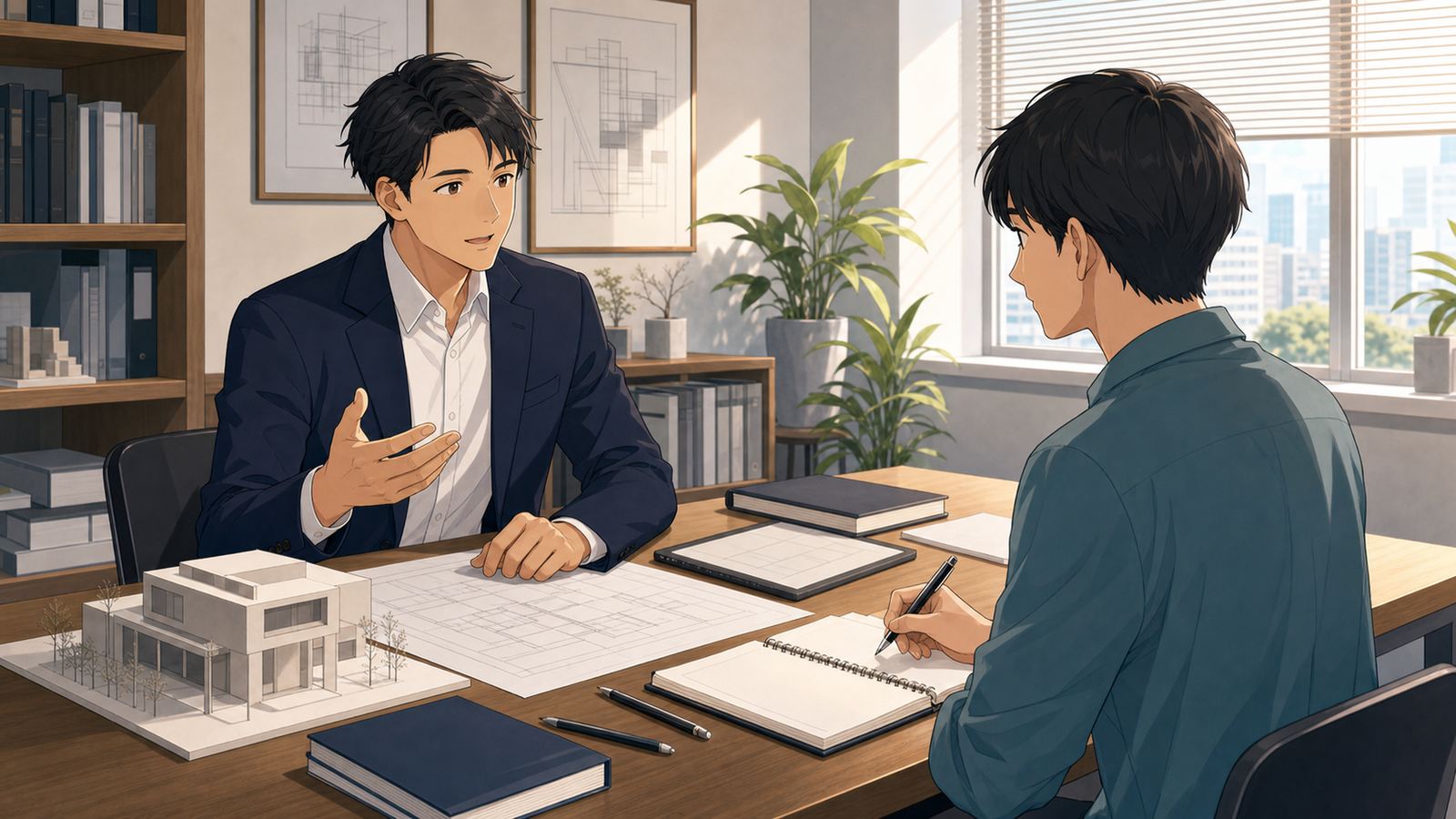 一級建築士の価値について相談する受験者と建築士