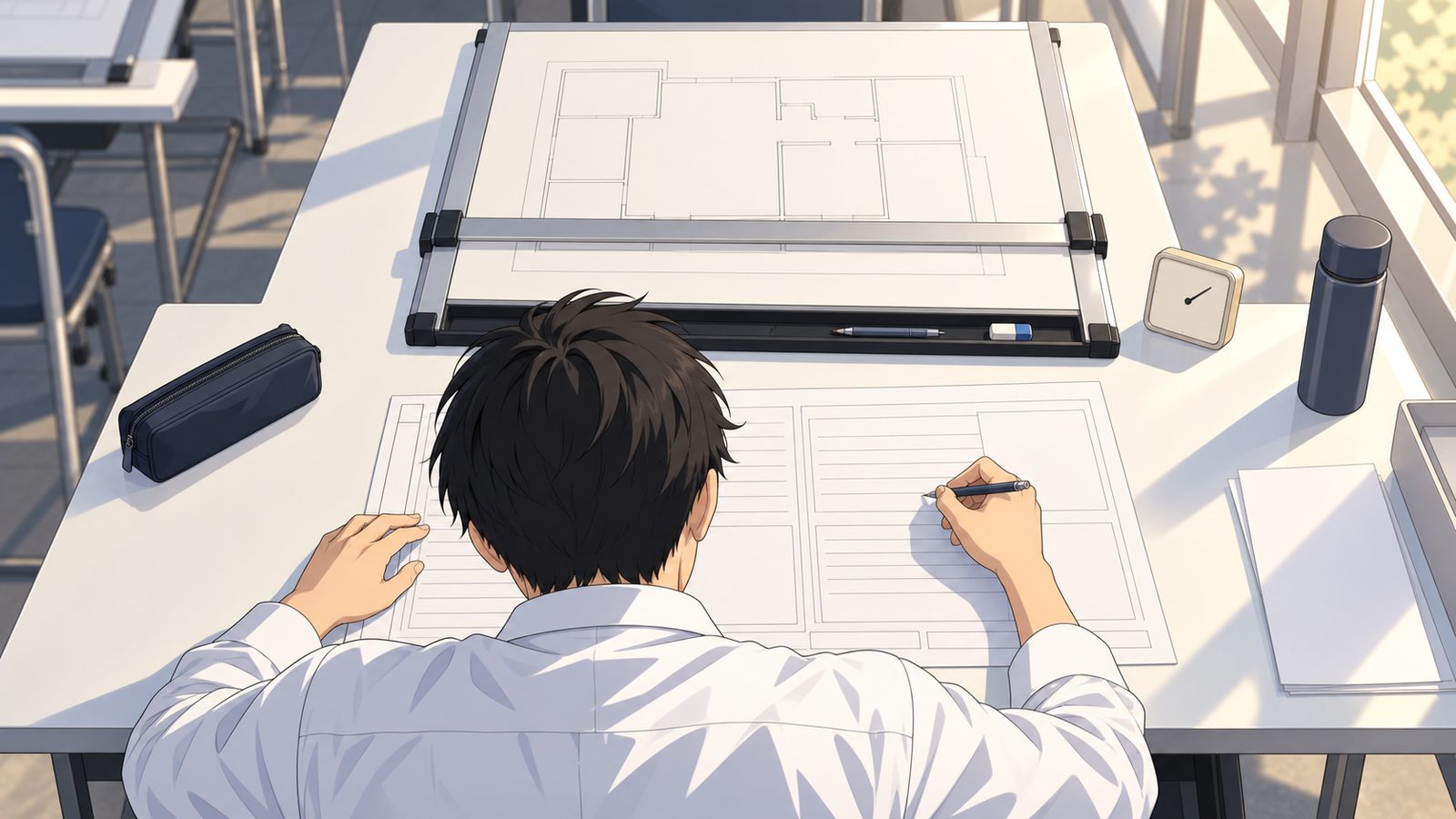 試験会場で、下書き線だけの図面を載せた製図板の手前で答案用紙に記述を書く受験生の後ろ姿と置き時計