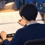夜の自宅の机で、製図板に向かって復元図を書いている受験生の後ろ姿。机にはデスクライトと湯気の立つマグカップ