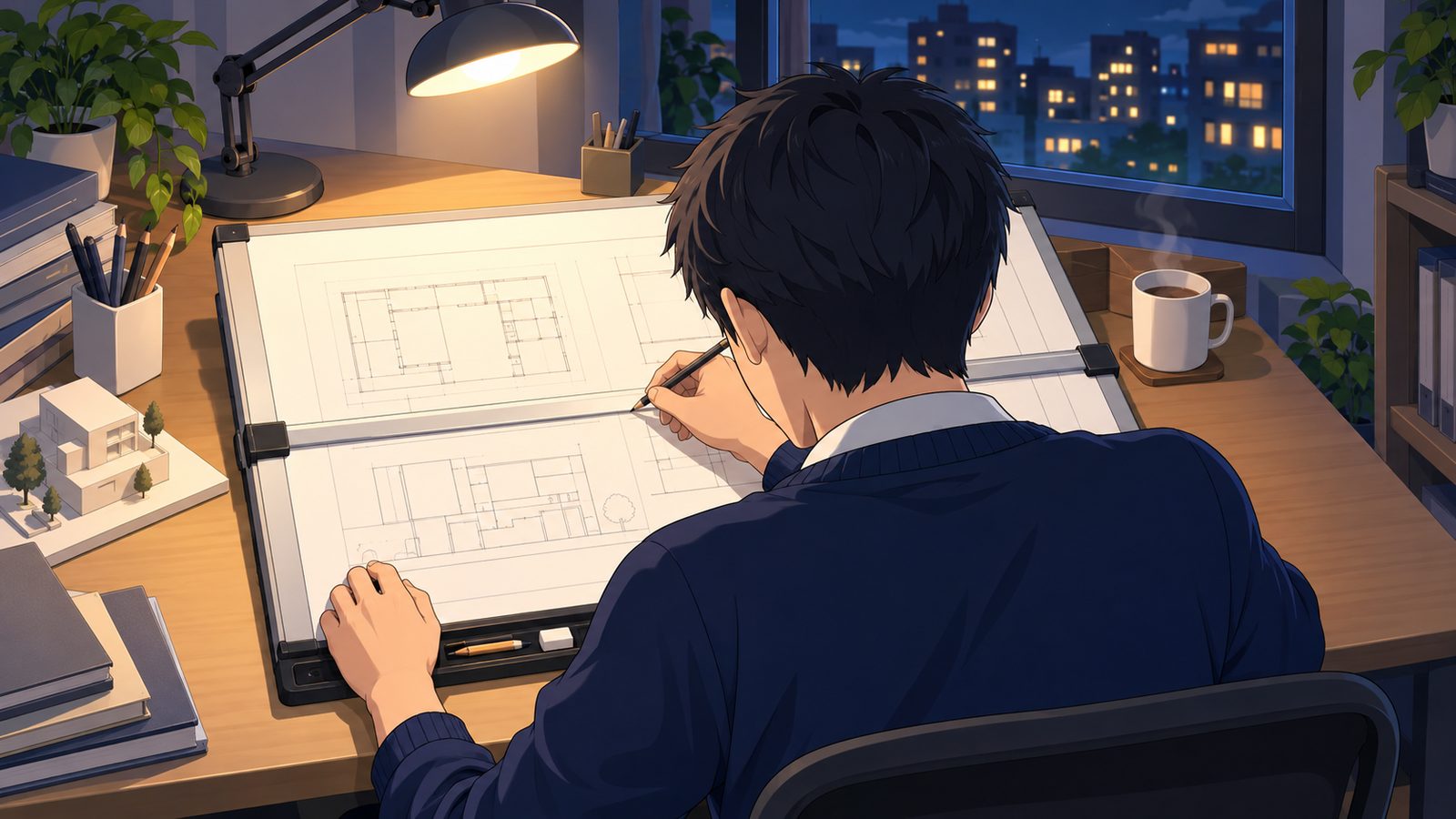 夜の自宅の机で、製図板に向かって復元図を書いている受験生の後ろ姿。机にはデスクライトと湯気の立つマグカップ