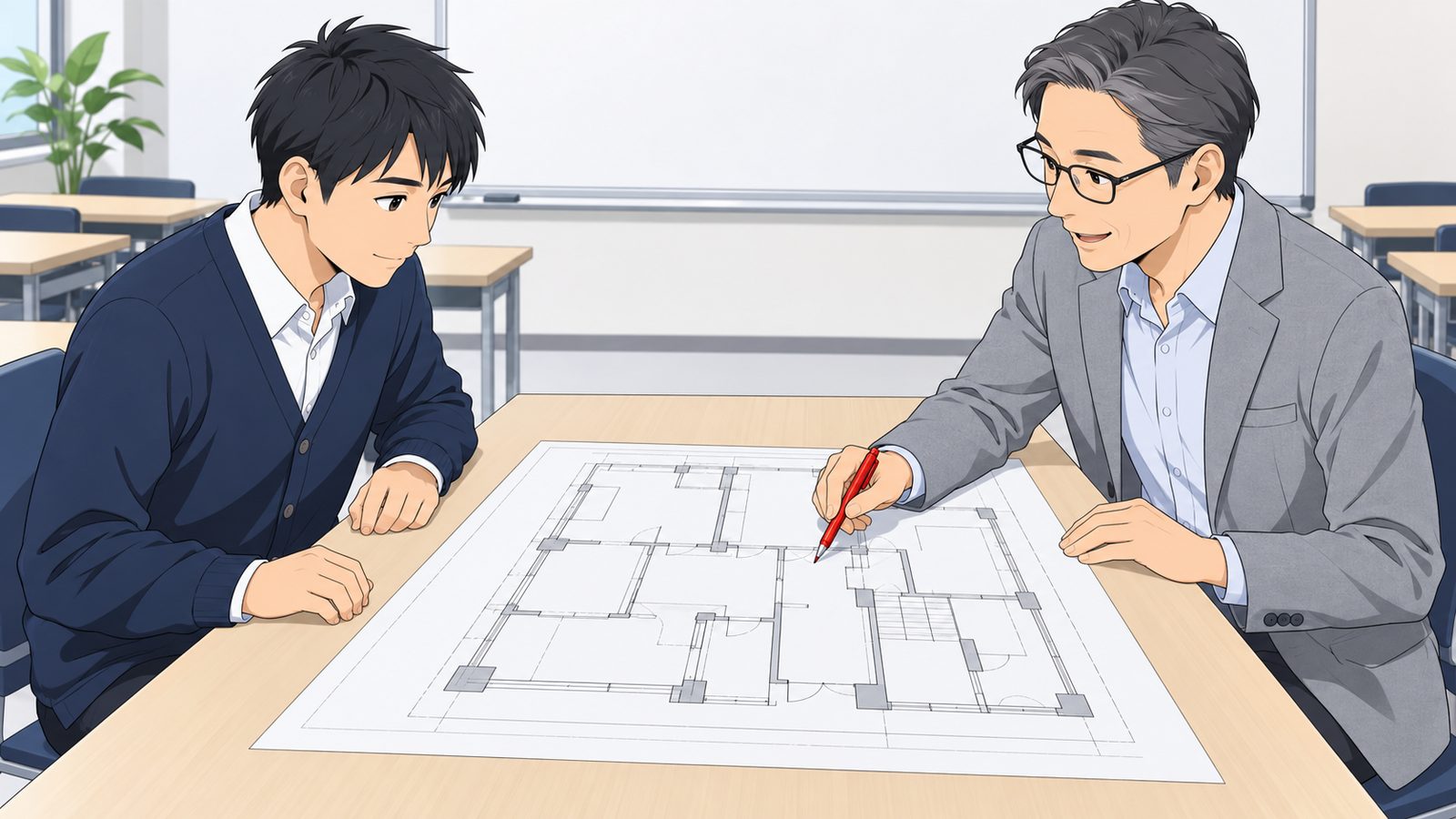 教室の机に広げた図面をはさんで、講師が赤ペンで一点を指しながら受験生に説明している様子