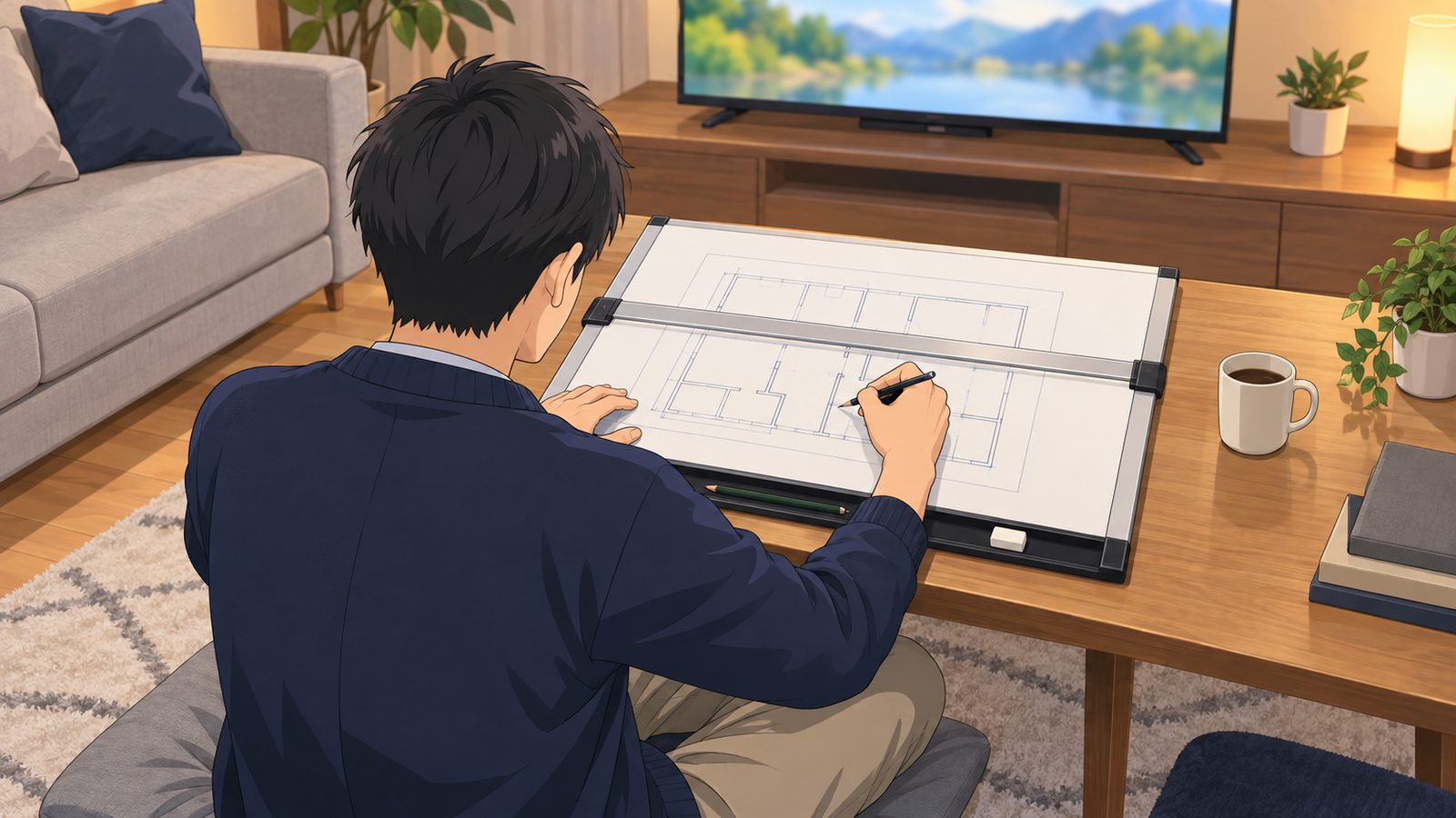 自宅のリビングで、テレビをつけたままローテーブルに置いた製図板でリラックスして復元図を書く受験生