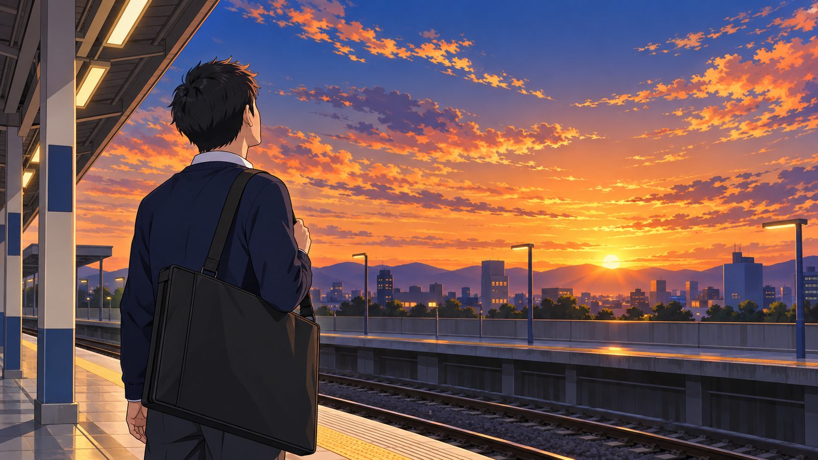 製図試験の帰り道、製図板のバッグを肩にかけて駅のホームから夕焼けの空を見上げる受験生の後ろ姿